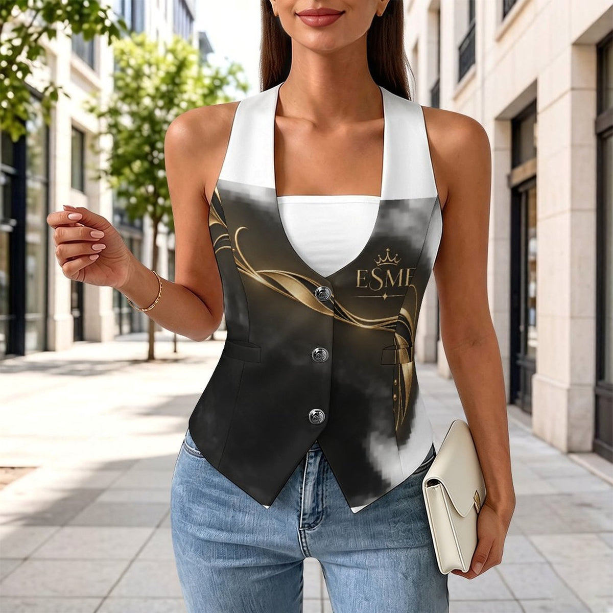 Design Women's Sleeveless Suit Vest with Buttons
